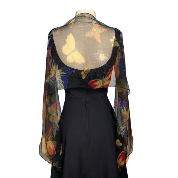 Vintage Butterfly Print Black Silk Chiffon Scarf - Picture 3 of 6